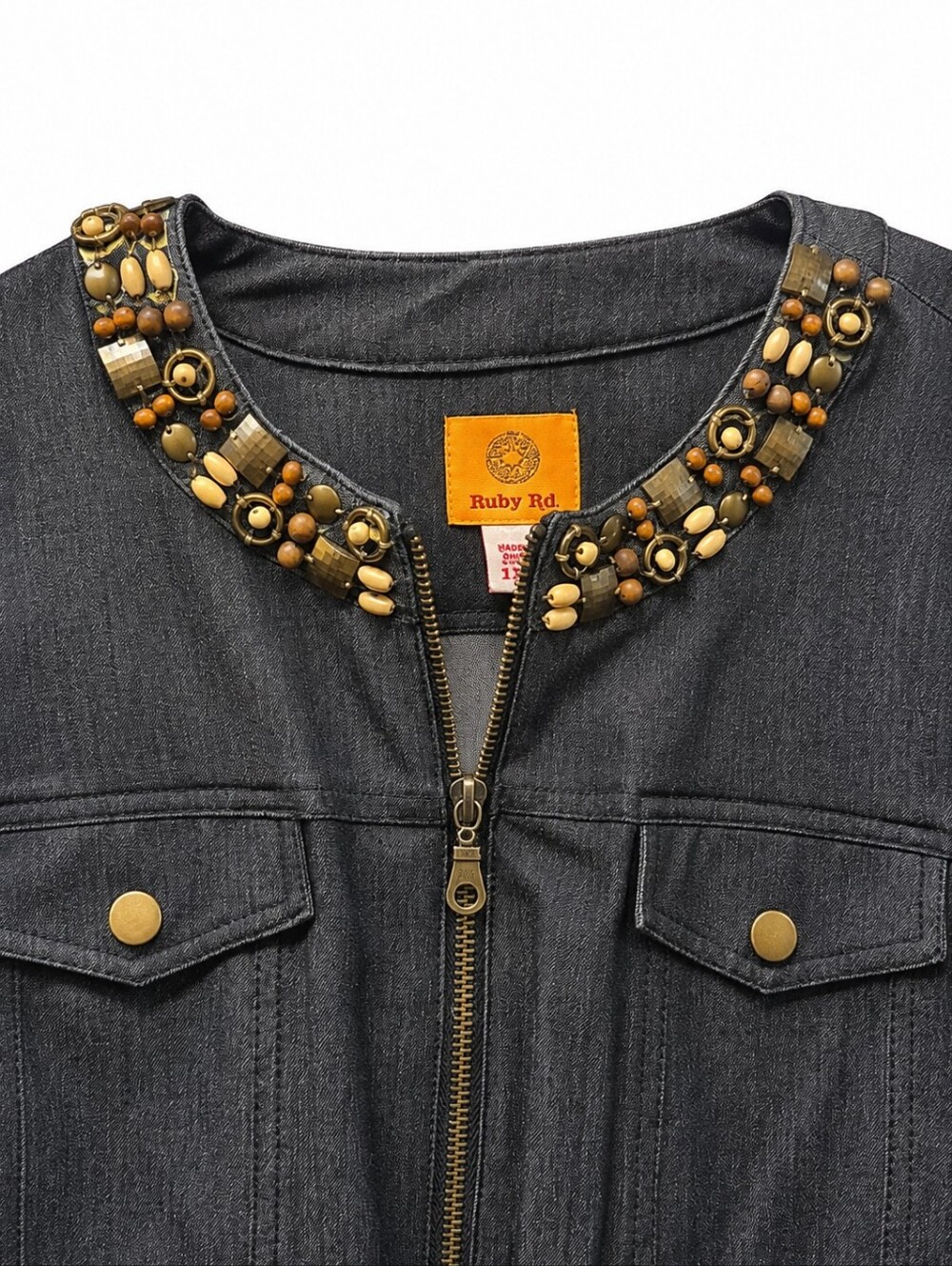 Embellished Collar Dark Gray Denim Jacket. - Picture 3 of 6